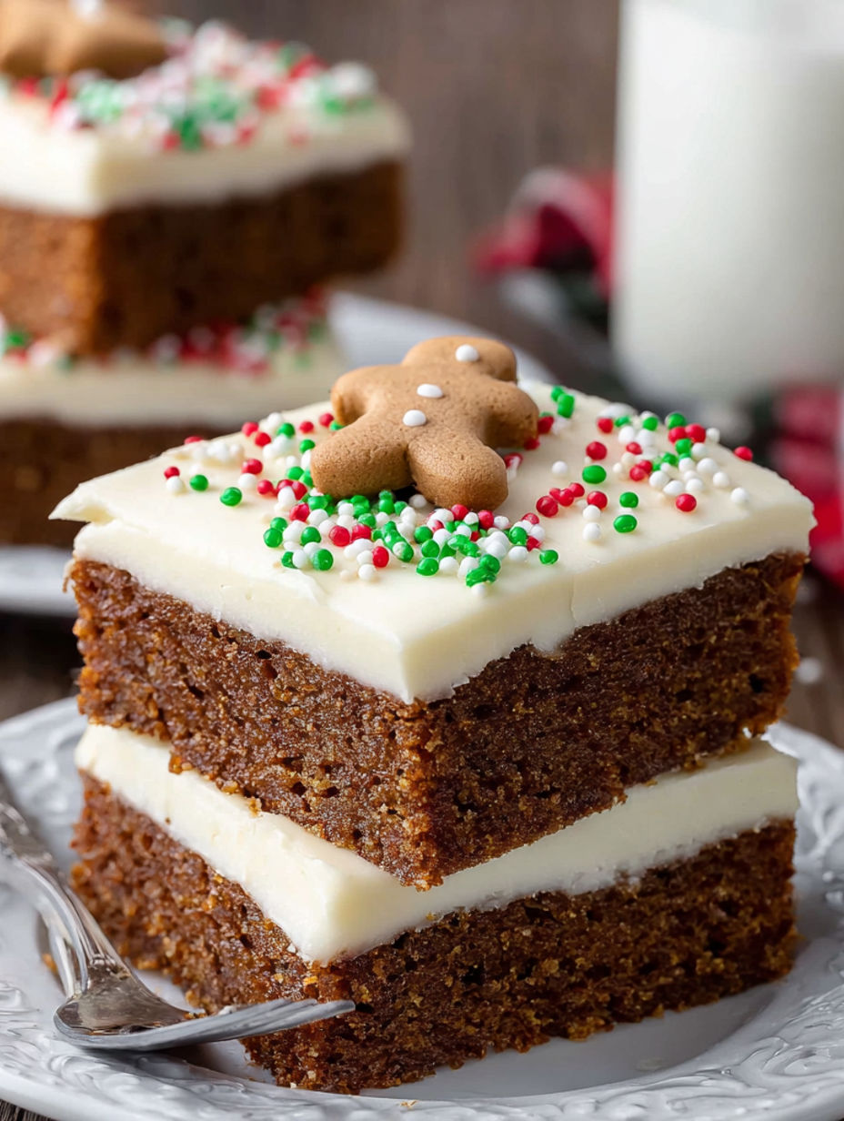 A stack of three cakes with white frosting and red and green sprinkles.