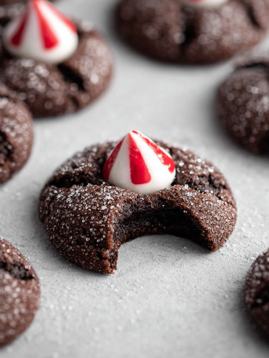 A chocolate cookie with a red and white stripe on top.