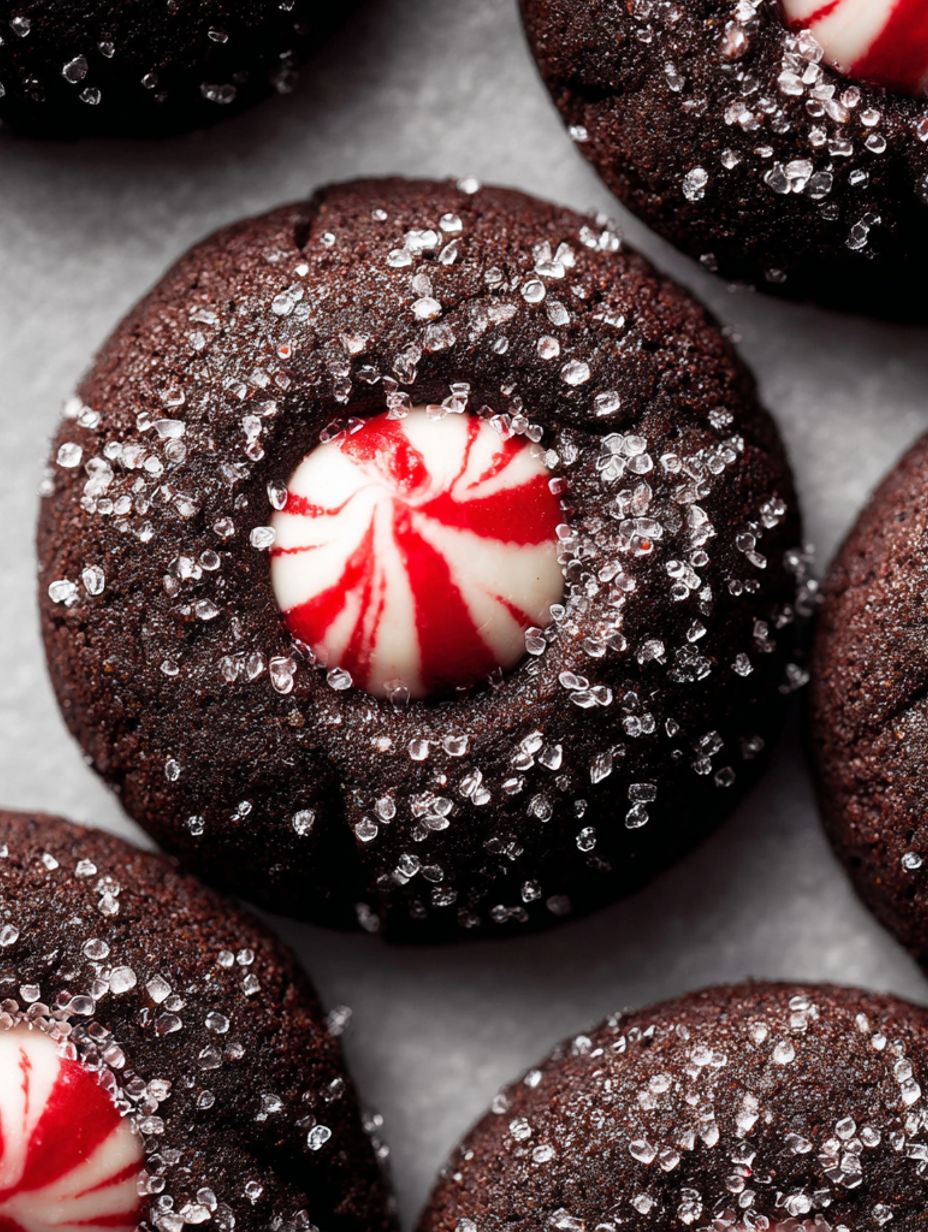 A chocolate cookie with a white and red striped candy on top.