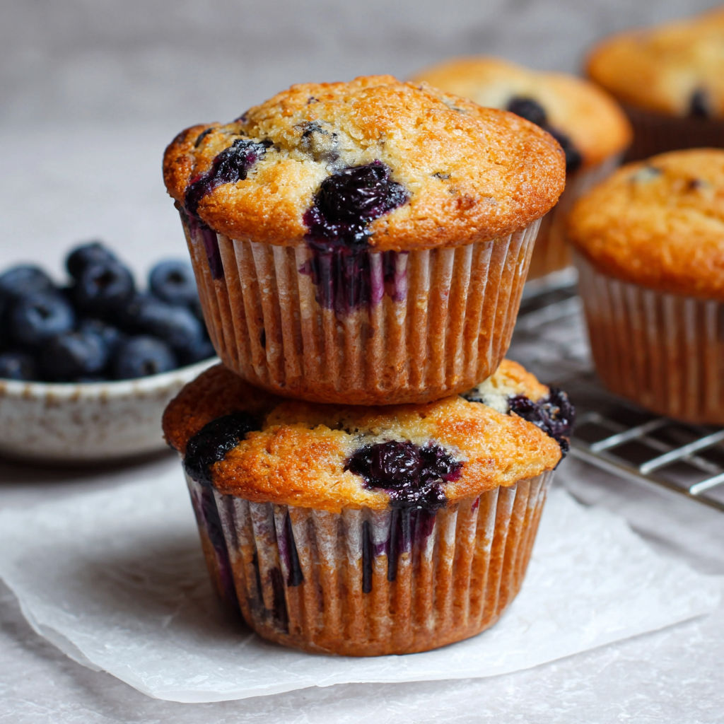 Two muffins with blueberries on top.
