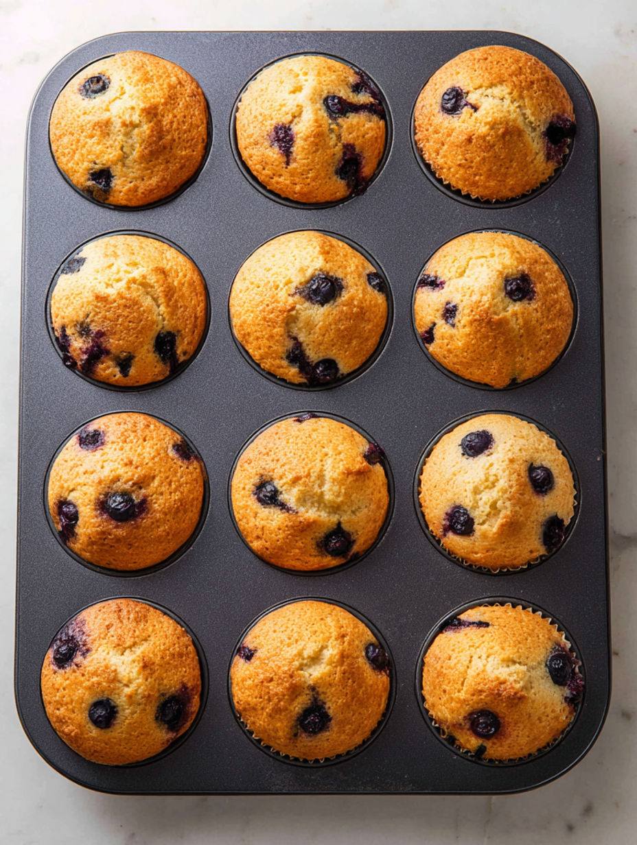 A tray of muffins with blueberries.