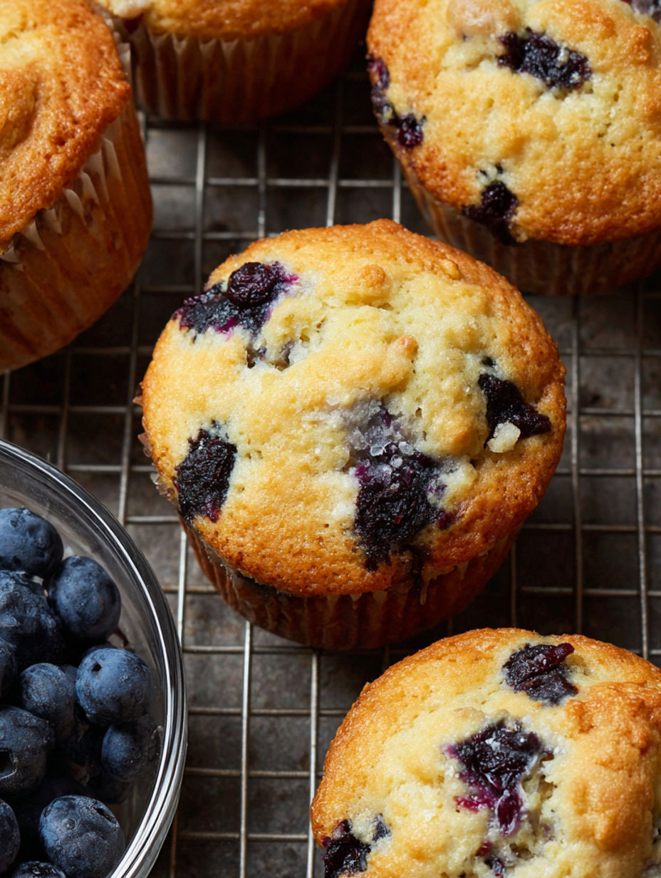 A bowl of blueberries next to a tray of muffins.