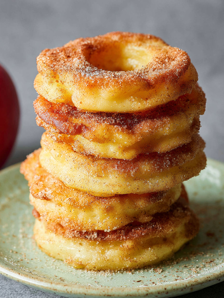 A stack of doughnuts with sugar on top.