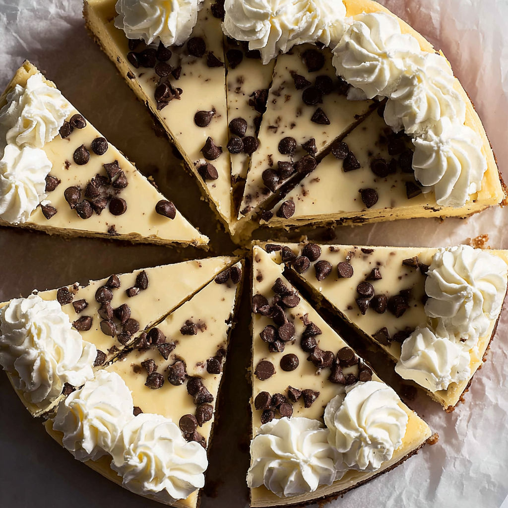 A slice of chocolate chip cheesecake.