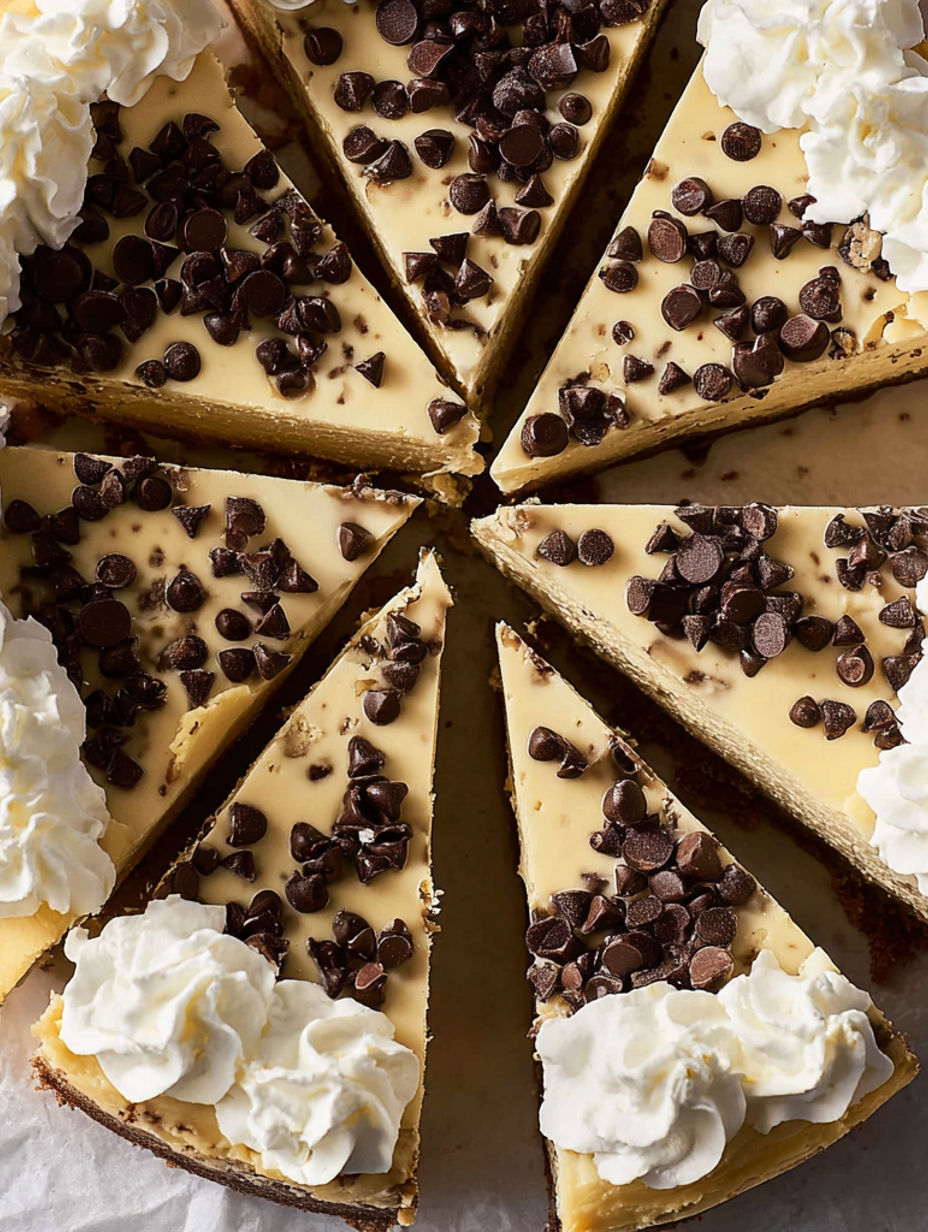 A slice of chocolate chip cheesecake.