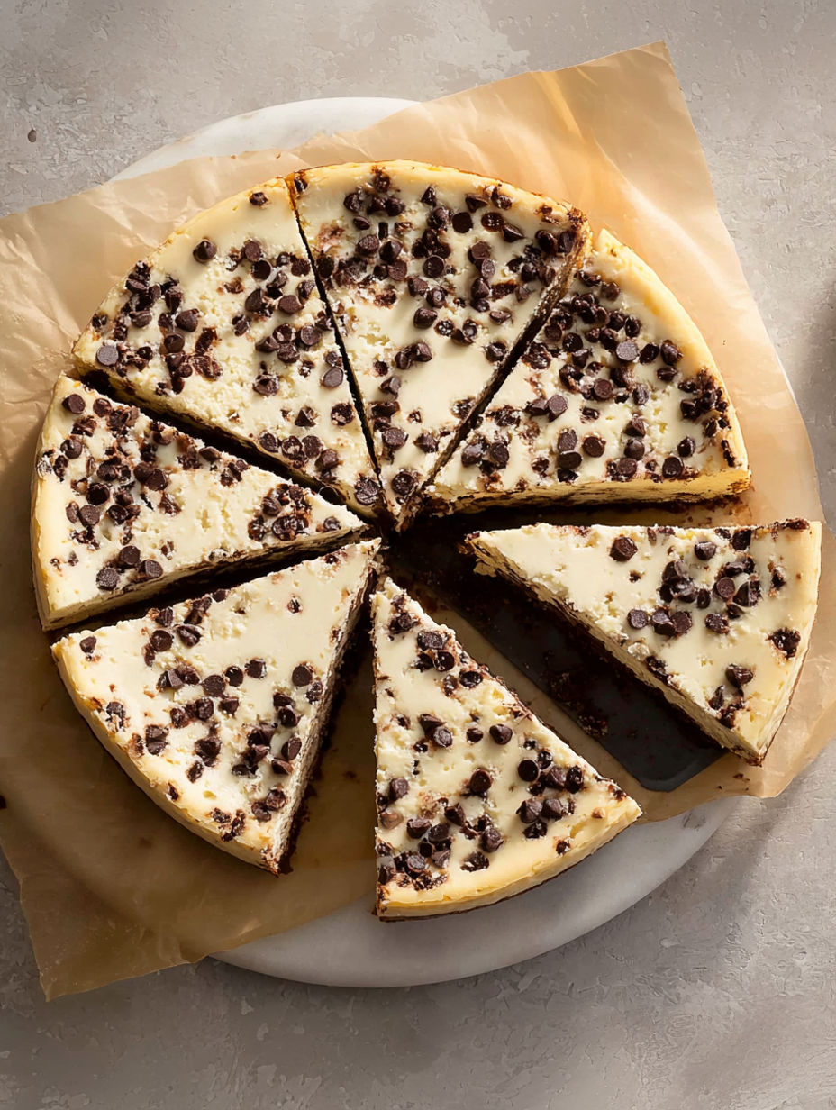 A slice of chocolate chip cheesecake.