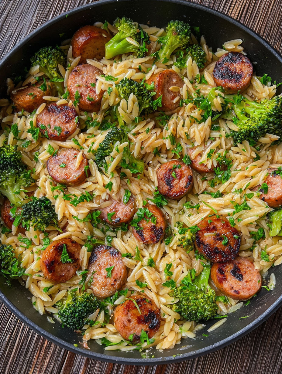 A dish of chicken sausage, broccoli, and orzo.