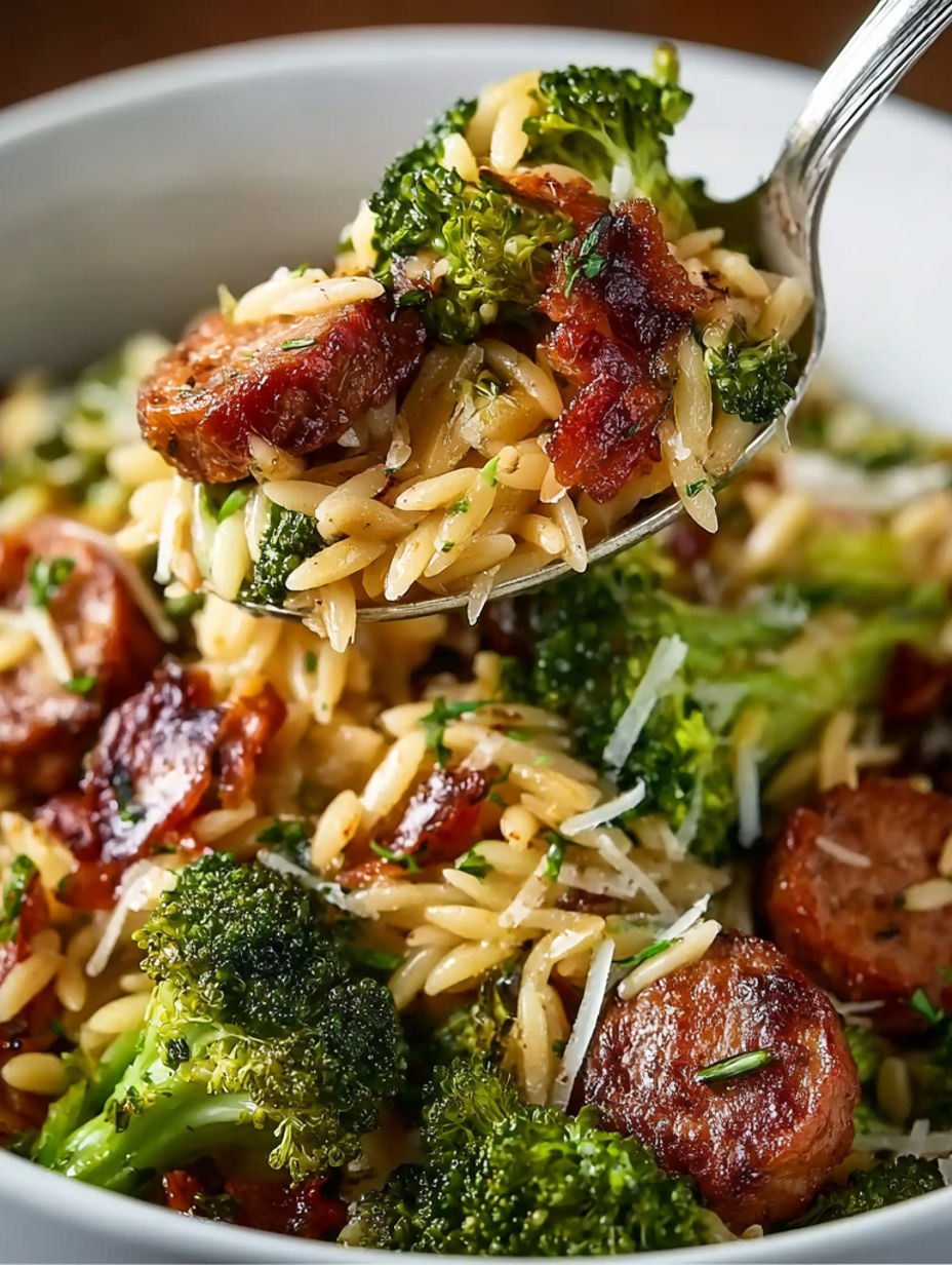 A spoonful of rice with chicken sausage and broccoli.