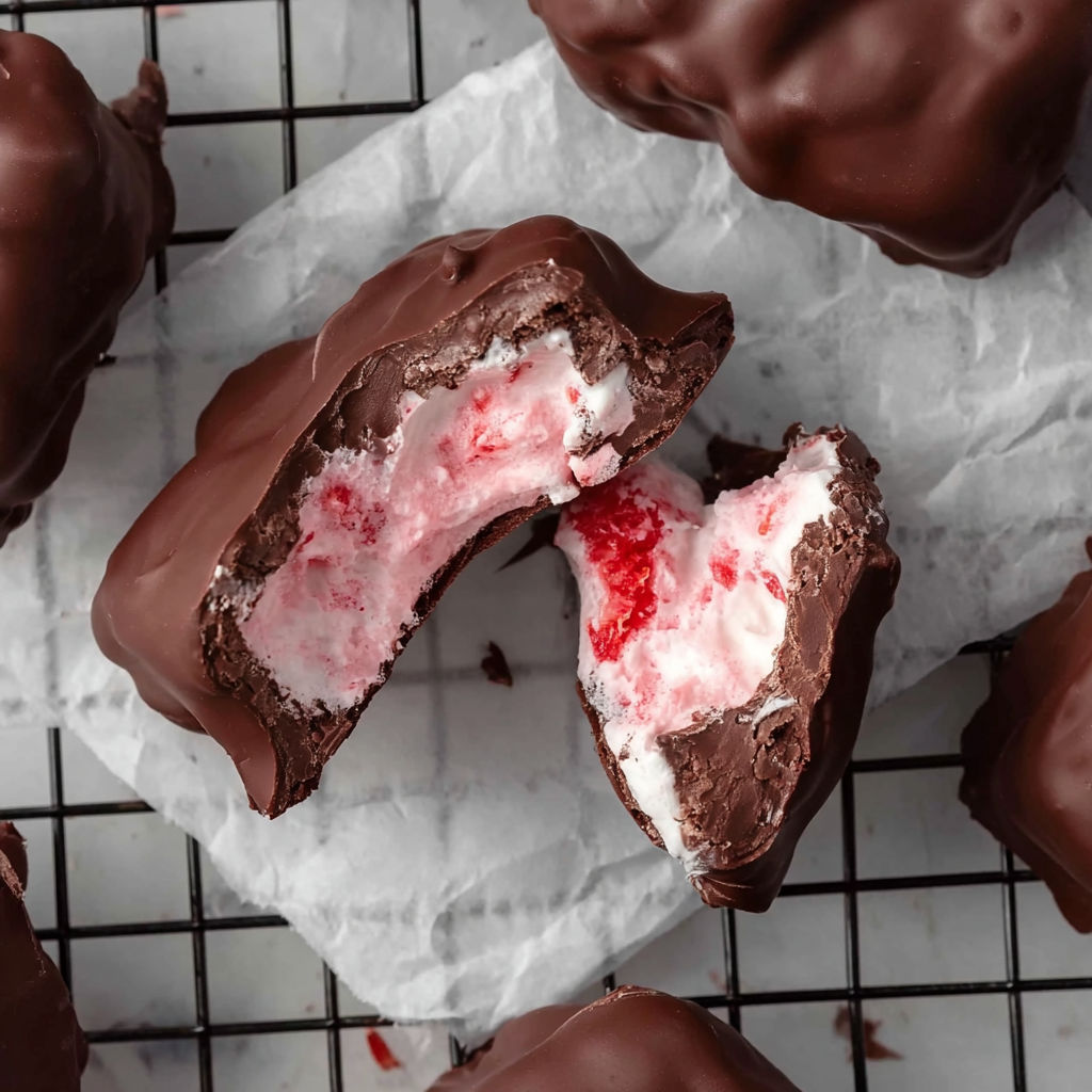 A chocolate dessert with a red and white filling.