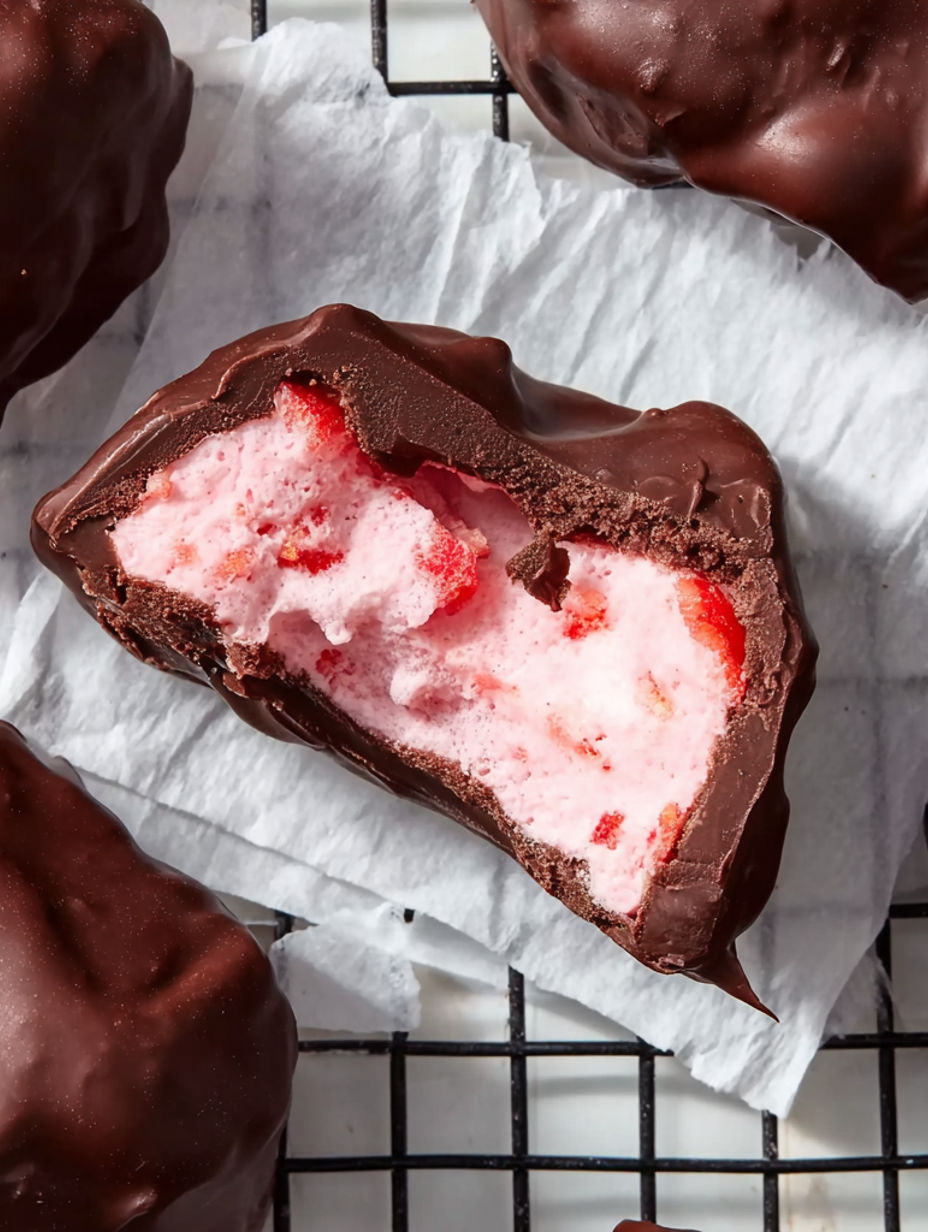 A chocolate dessert with a strawberry on top.