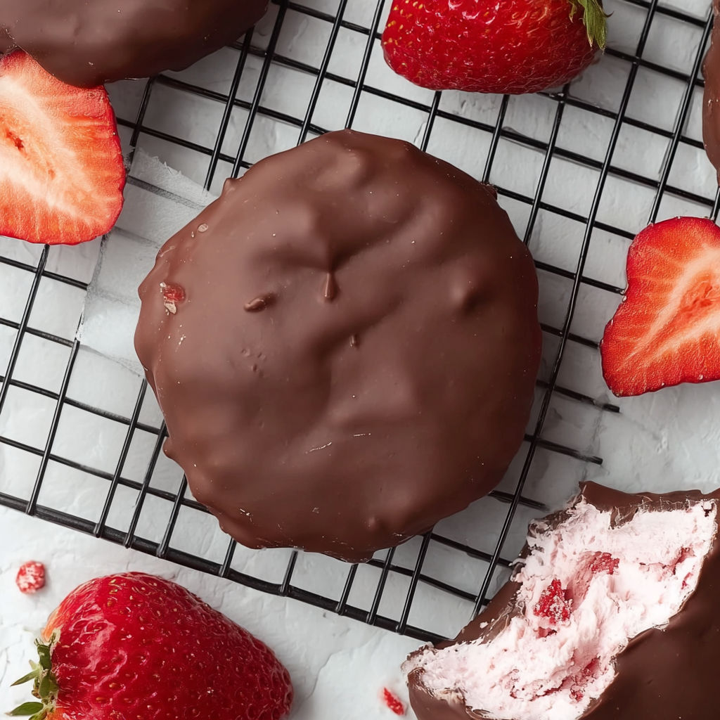 Chocolate and strawberry desserts on a wire rack.