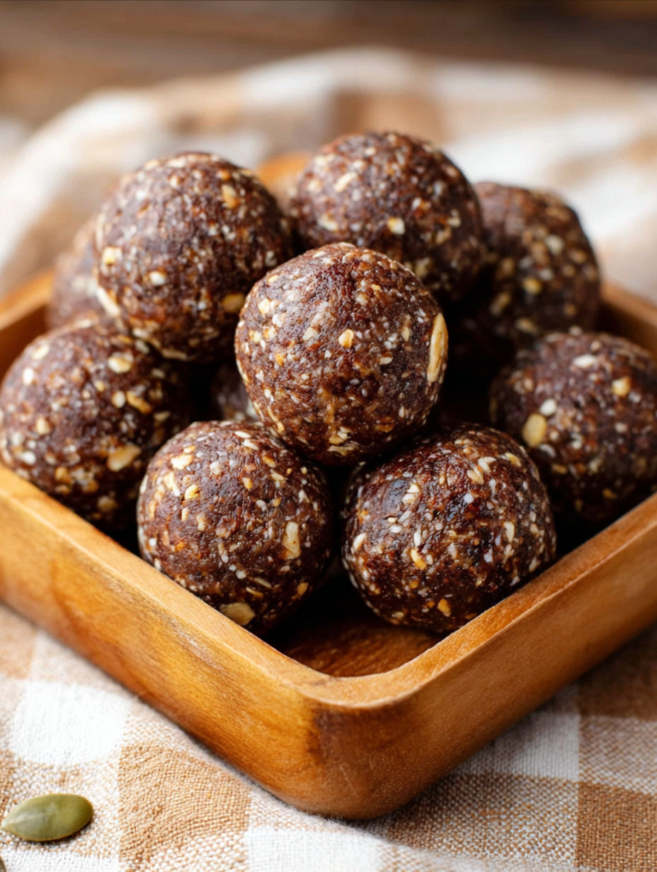 A wooden bowl filled with chocolate covered nuts.