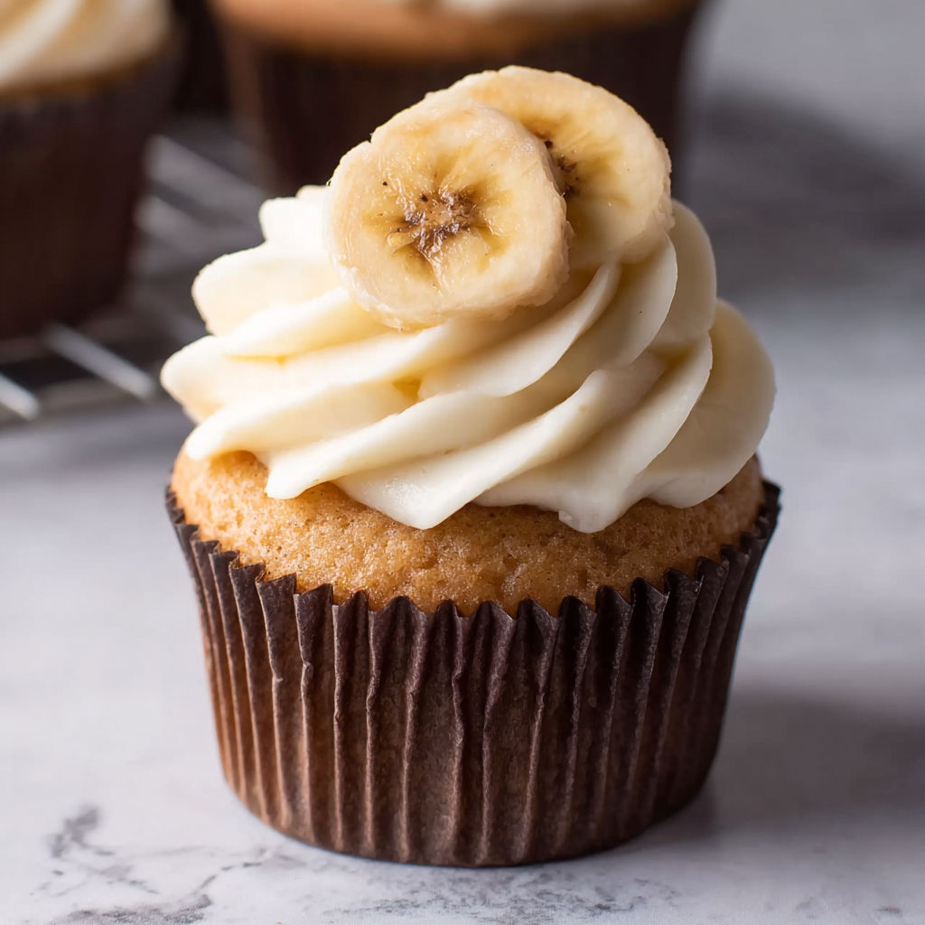 A cupcake with bananas on top.