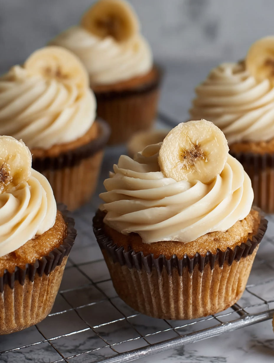 Banana cupcakes with frosting and banana slices on top.