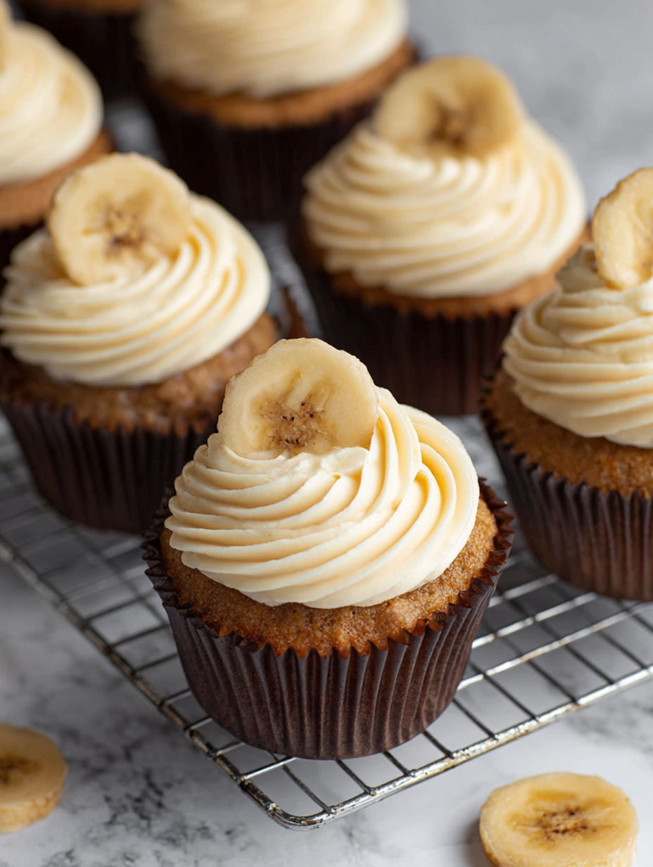 Banana cupcakes with white frosting.