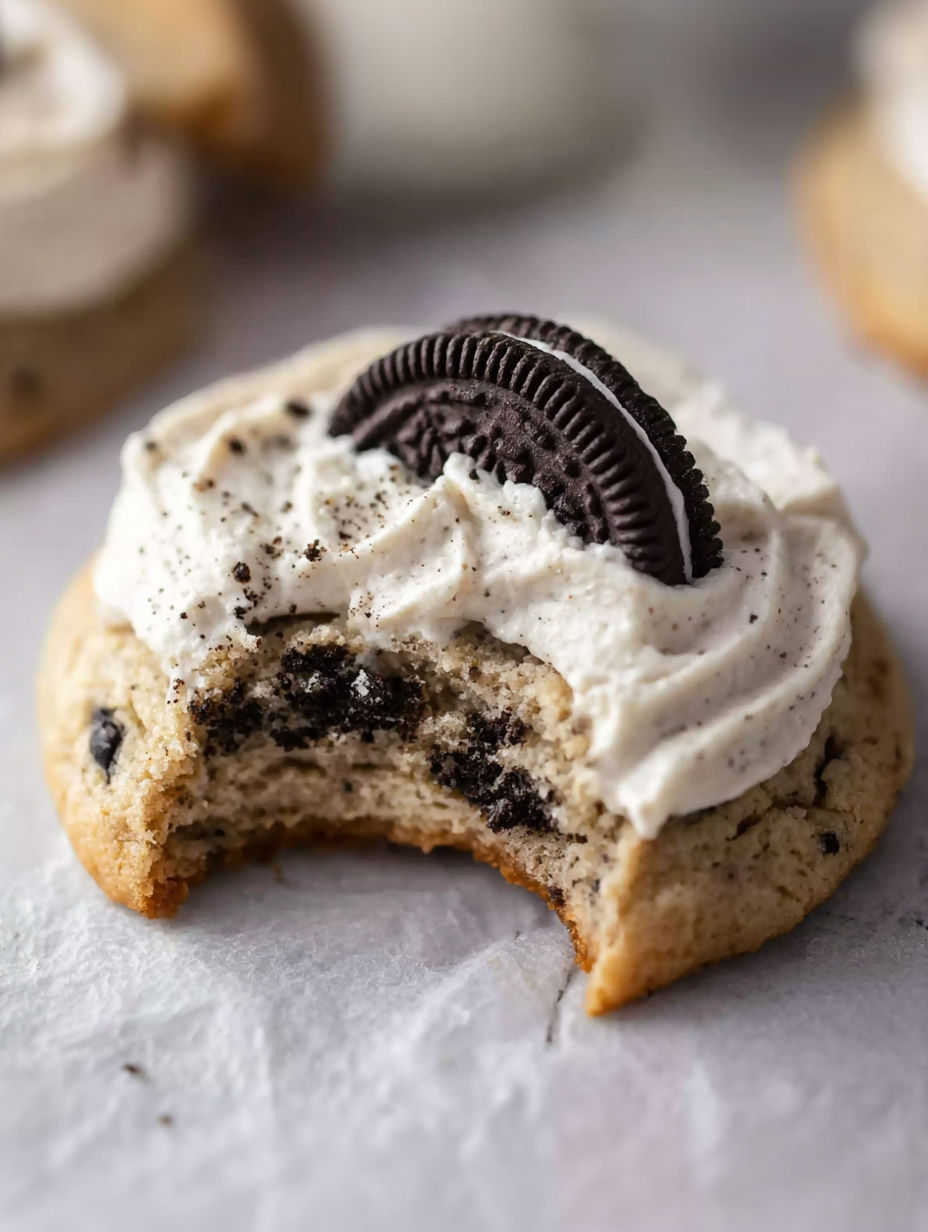 A cookie with white frosting and a chocolate chip.
