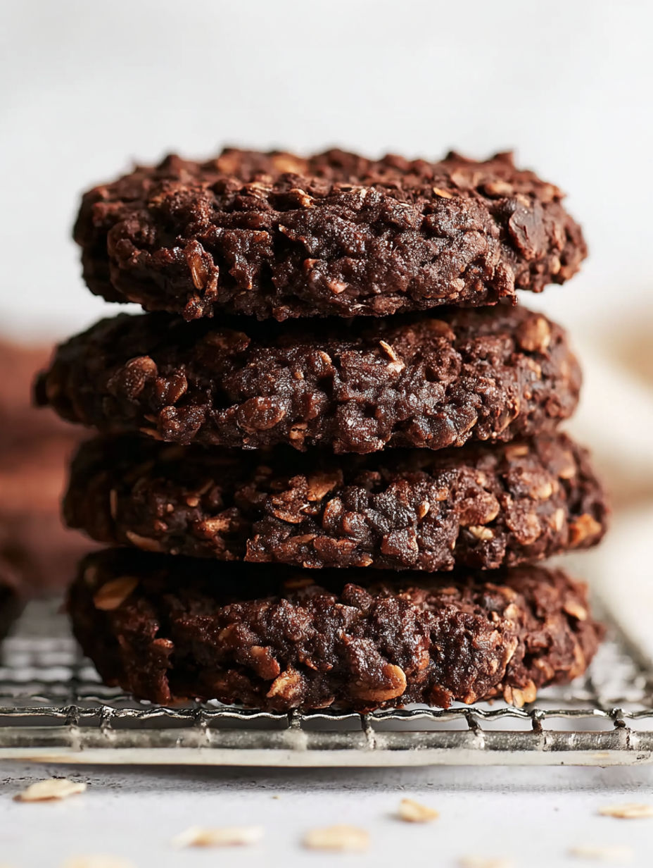 A stack of chocolate cookies with nuts on top.