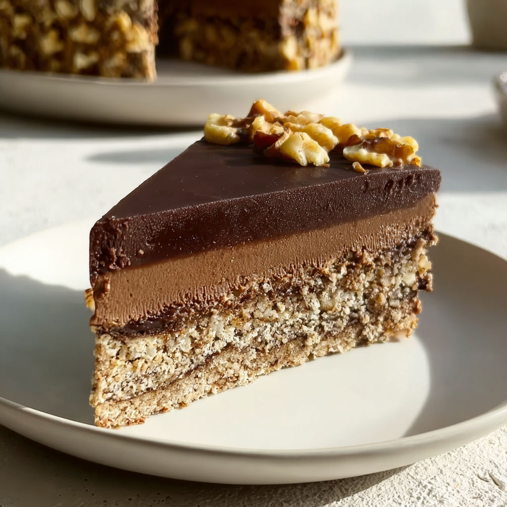 A slice of chocolate cake with walnuts on top.