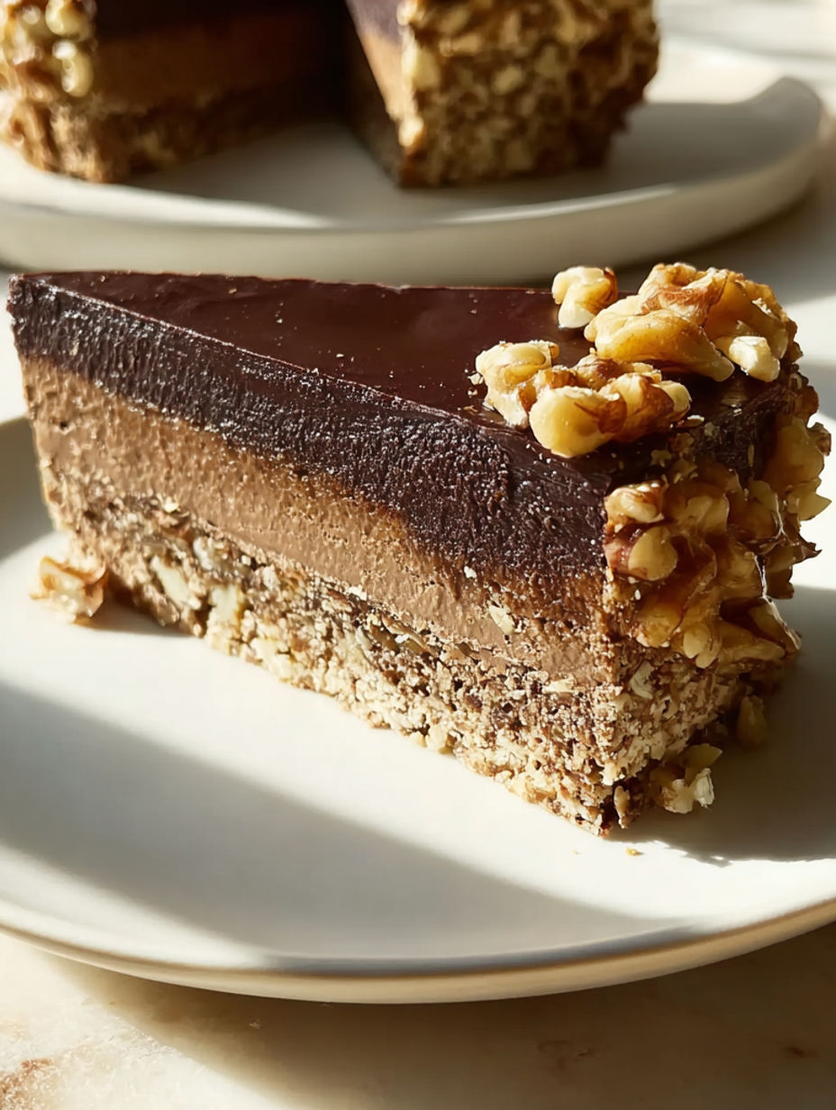 A slice of chocolate cake with walnuts on top.