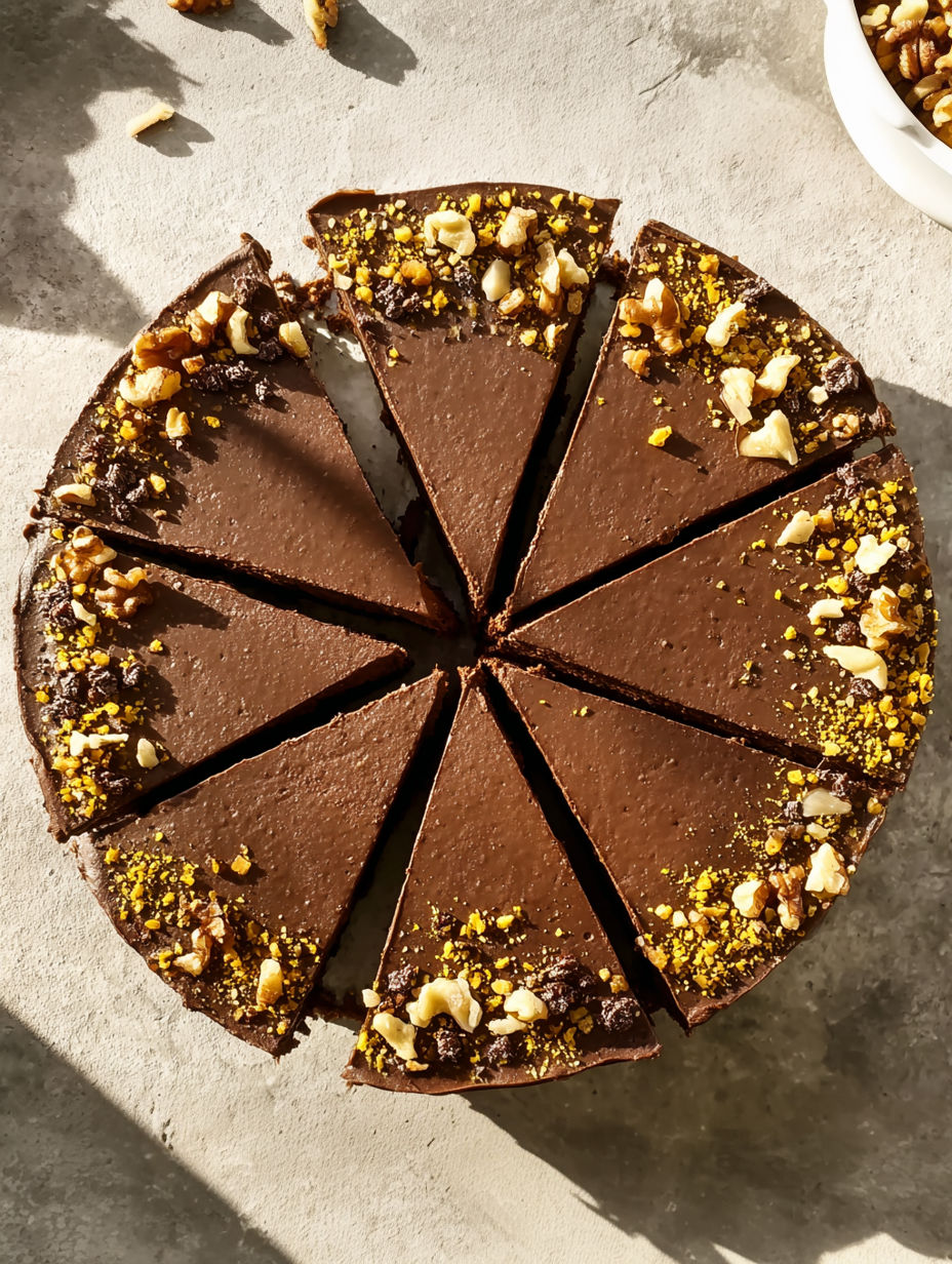 A slice of chocolate cake with nuts on top.