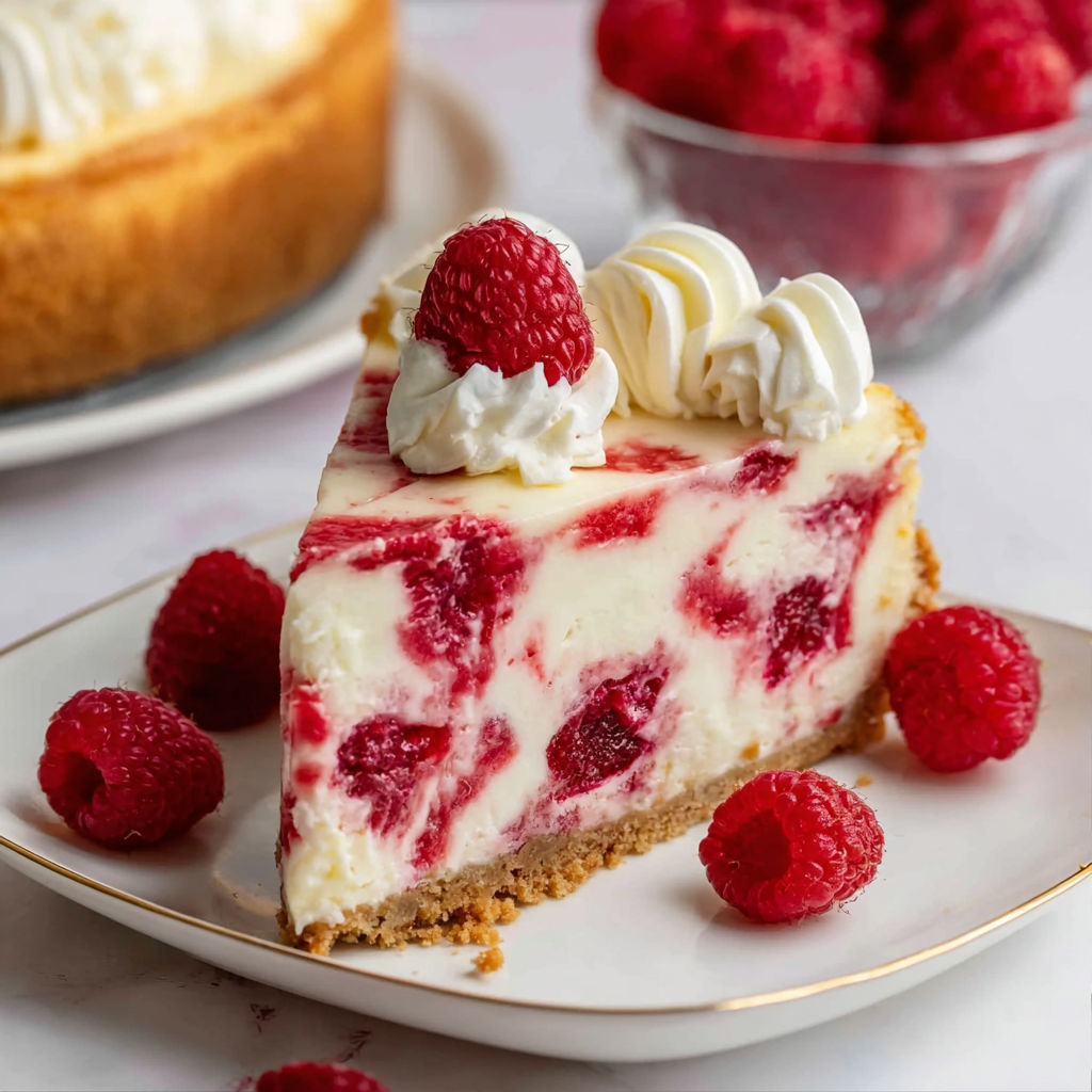 A slice of no-bake white chocolate raspberry cheesecake.