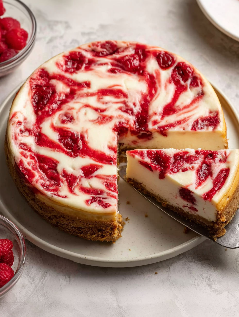 A slice of no-bake white chocolate raspberry cheesecake.