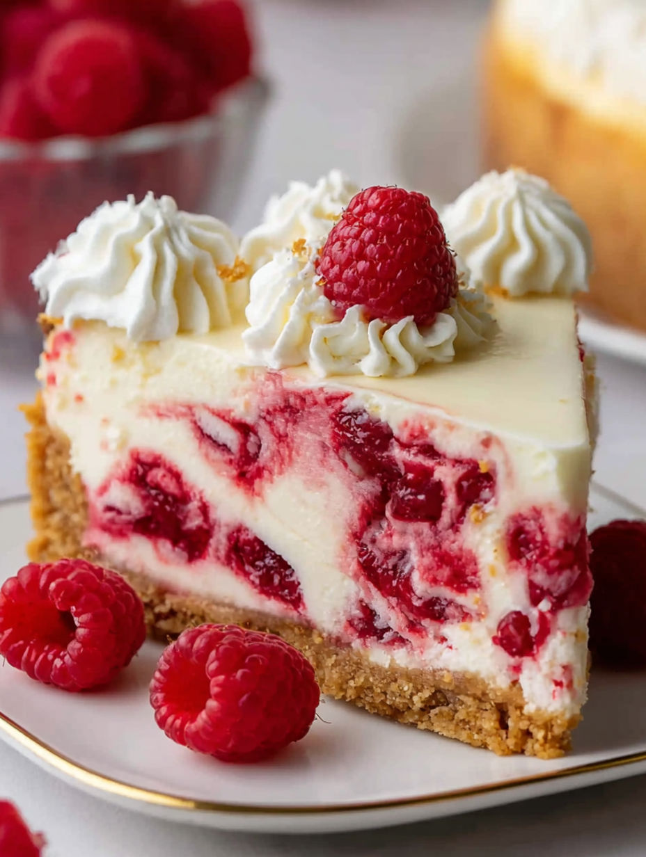 A slice of no-bake white chocolate raspberry cheesecake.