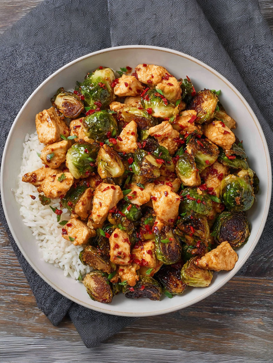 A bowl of chicken with red peppers and rice.