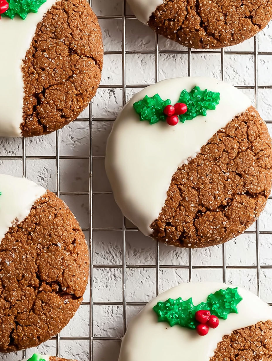 A cookie with a white frosting and a green christmas decoration.