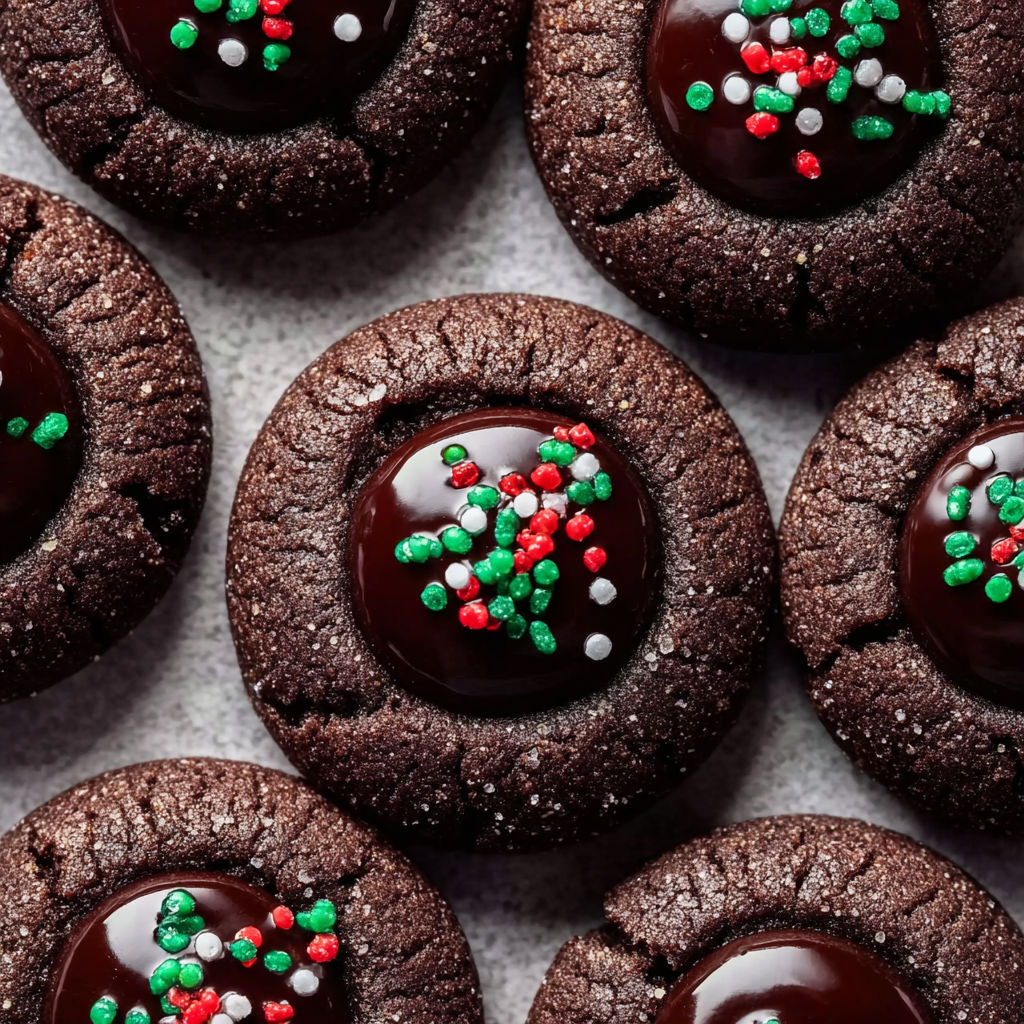 A close up of chocolate thumbprint cookies.
