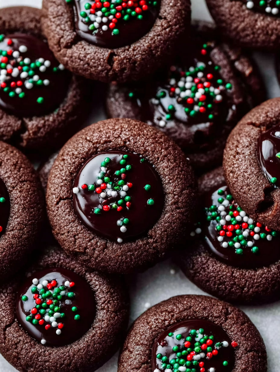 Chocolate thumbprint cookies with sprinkles.