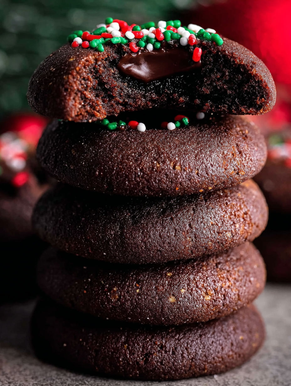A stack of chocolate thumbprint cookies.