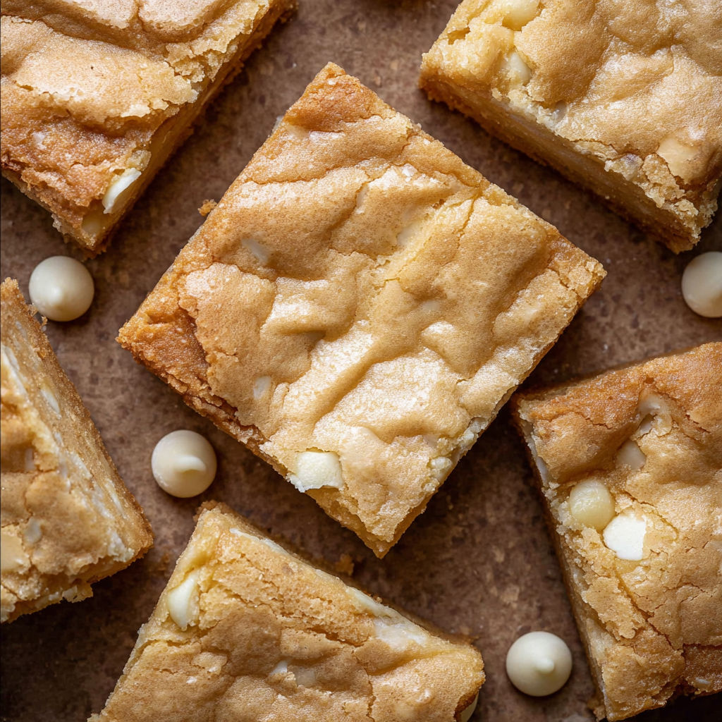 White chocolate brownies on a wooden table.