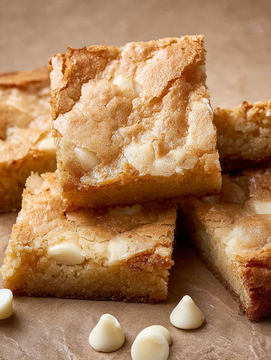 White chocolate brownies on a table.