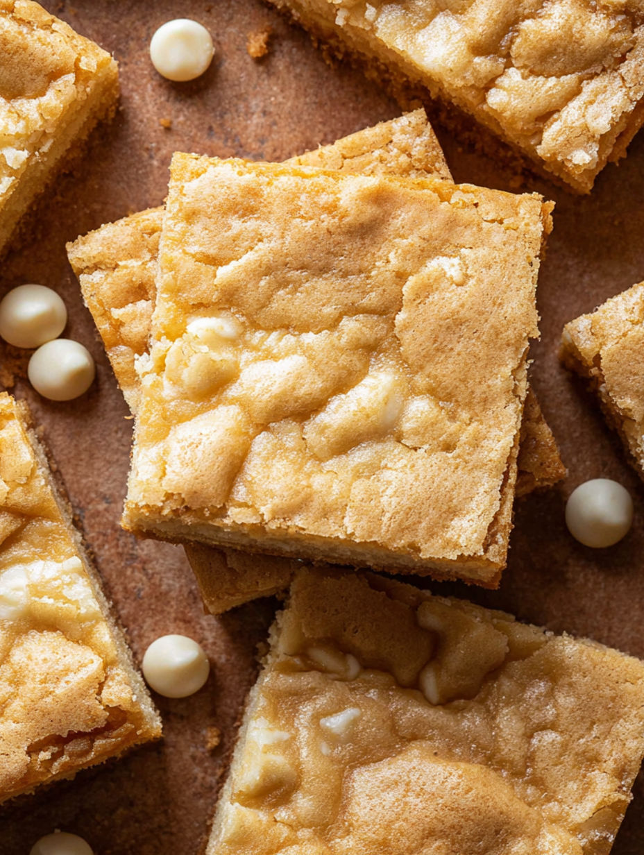 White chocolate brownies on a wooden table.