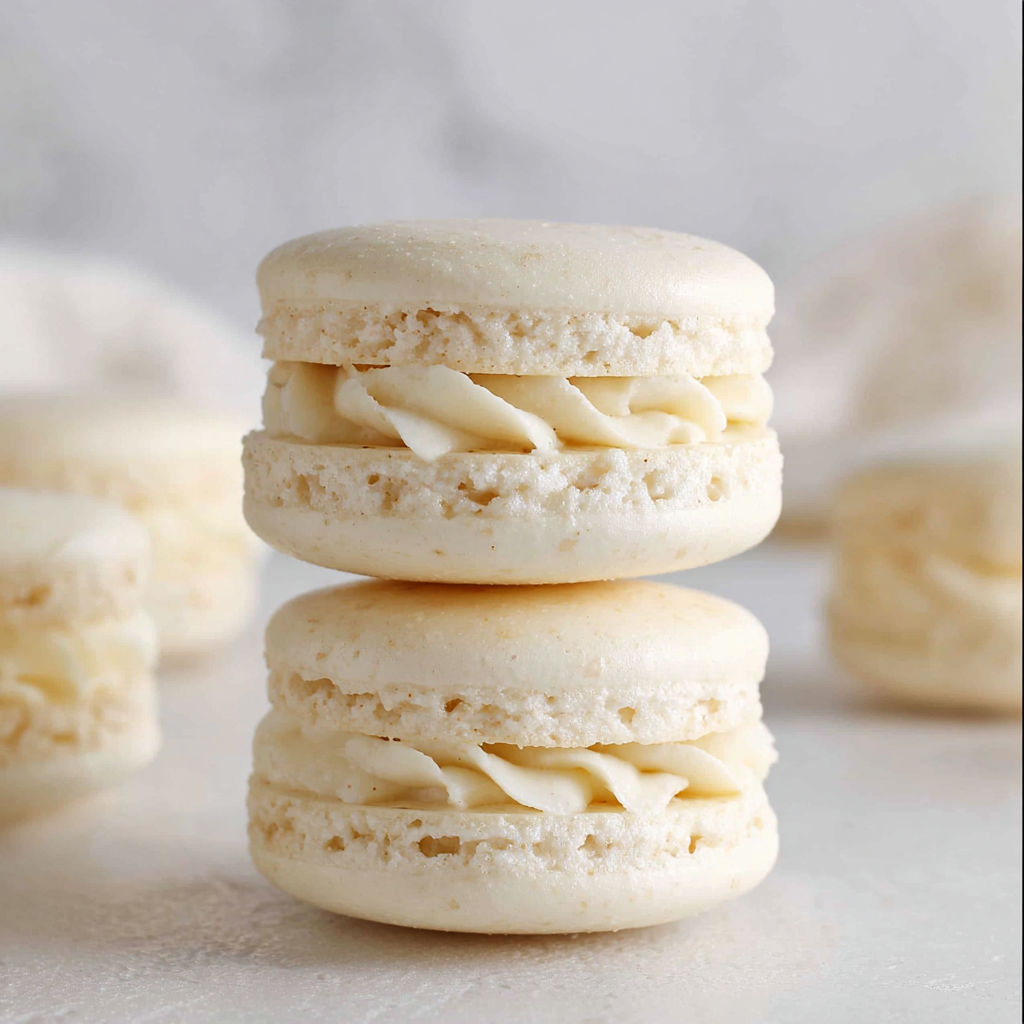 Three stacked macarons with white filling.