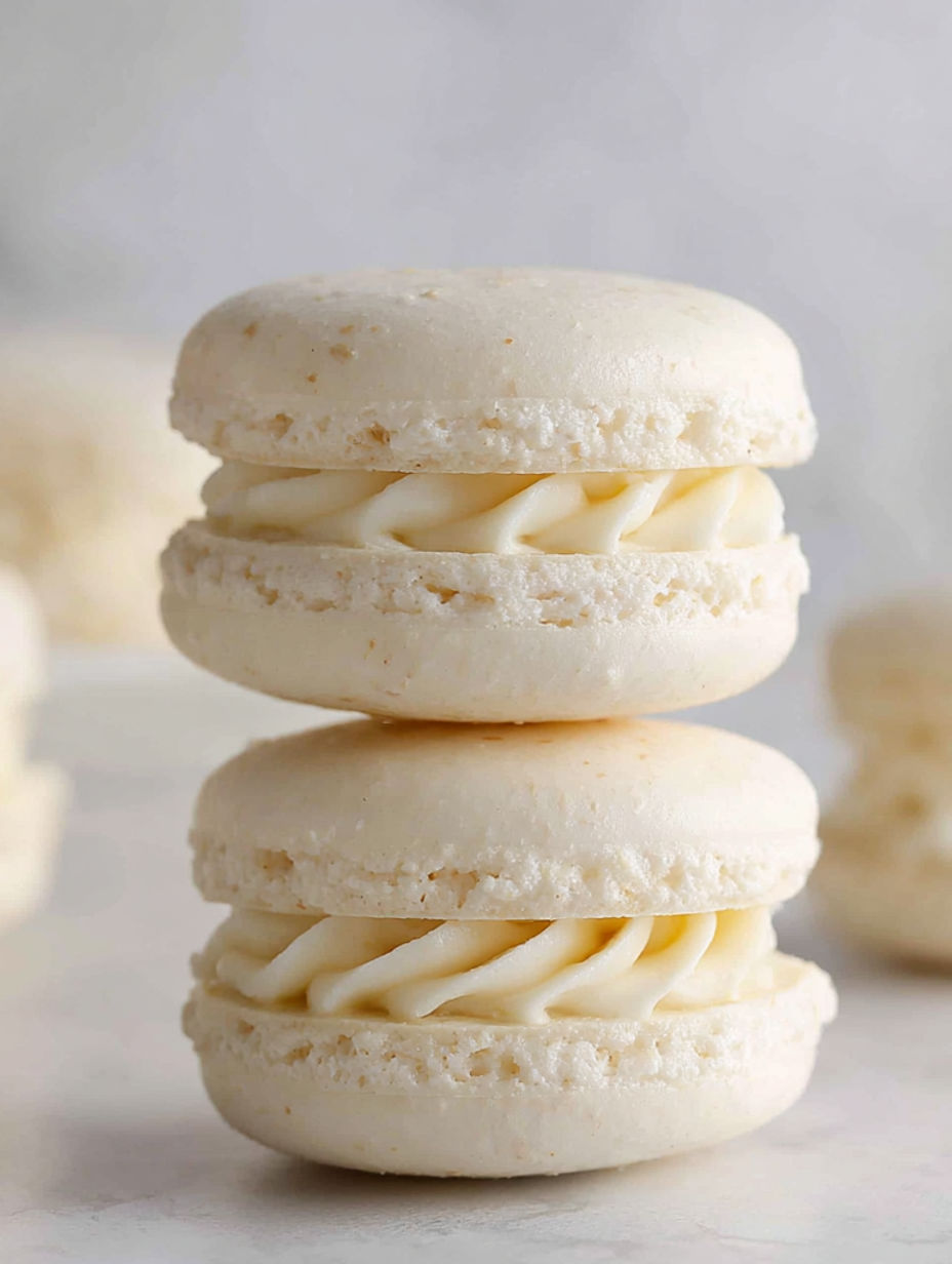 Three stacked macarons with white filling.