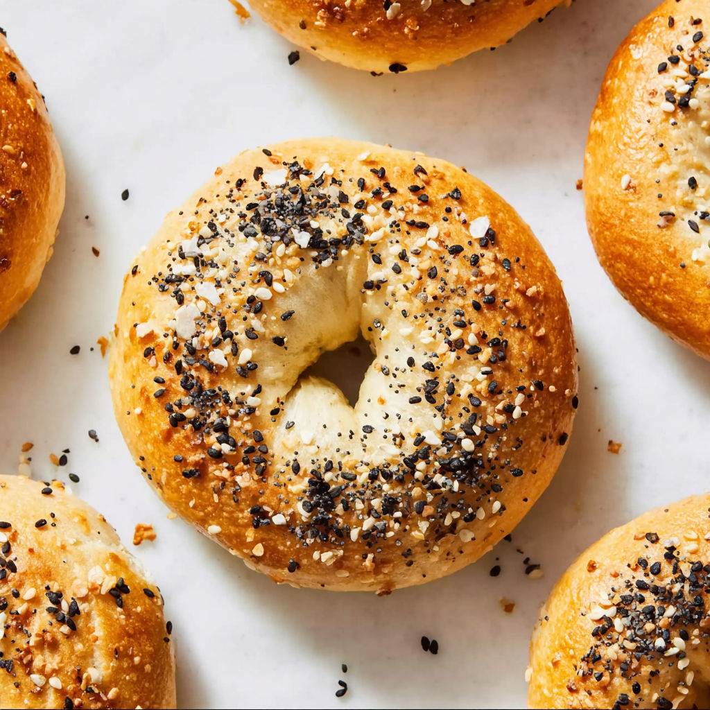 A bagel with black seeds on top.