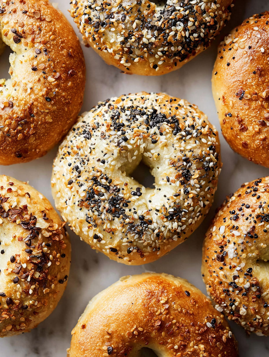 A variety of bagels with different toppings.