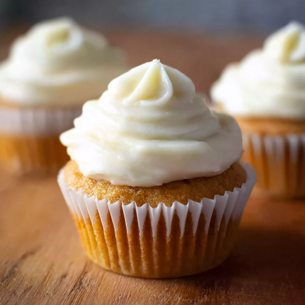 Three cupcakes with white frosting and cream cheese.
