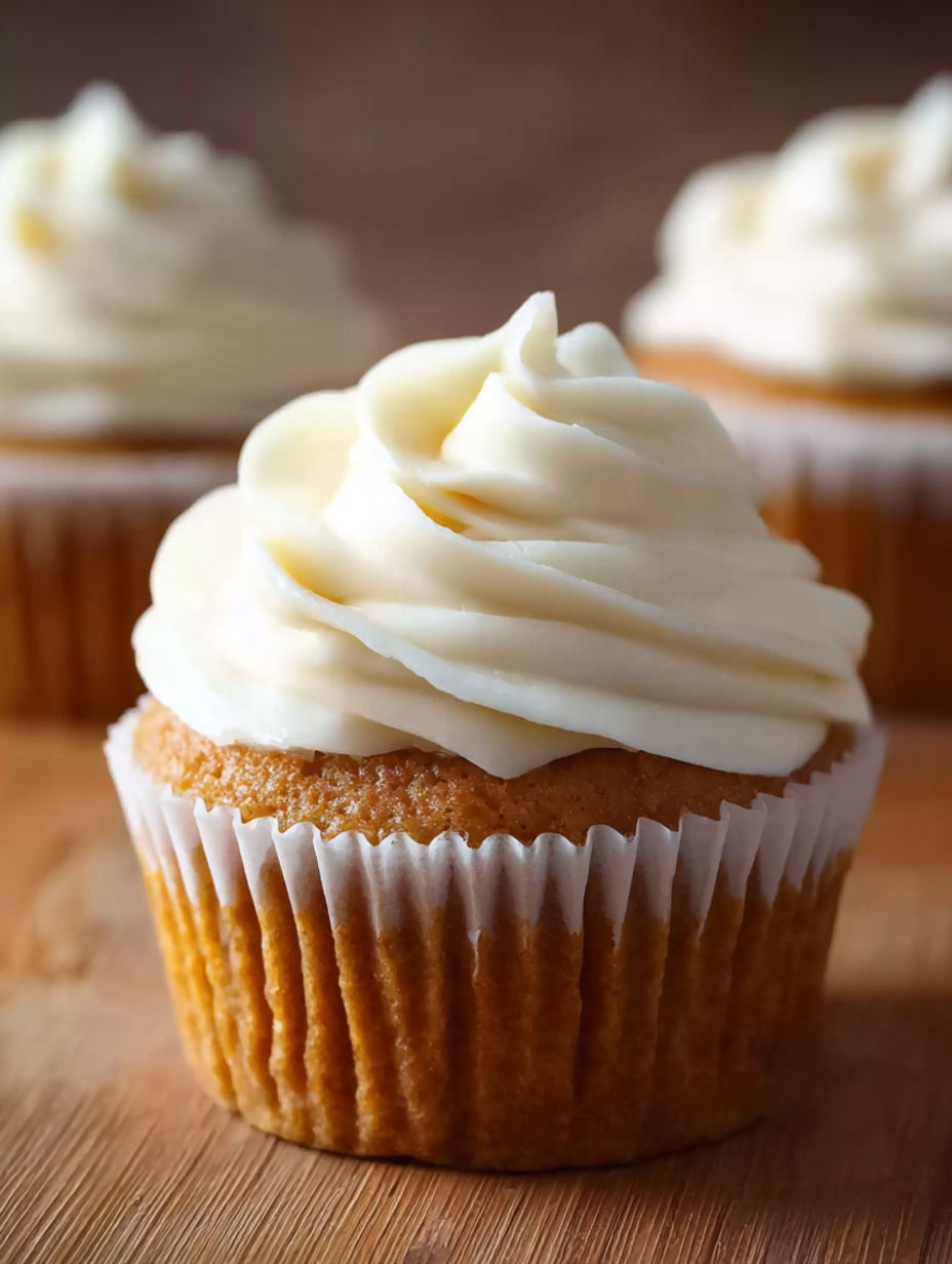 A cupcake with white frosting.