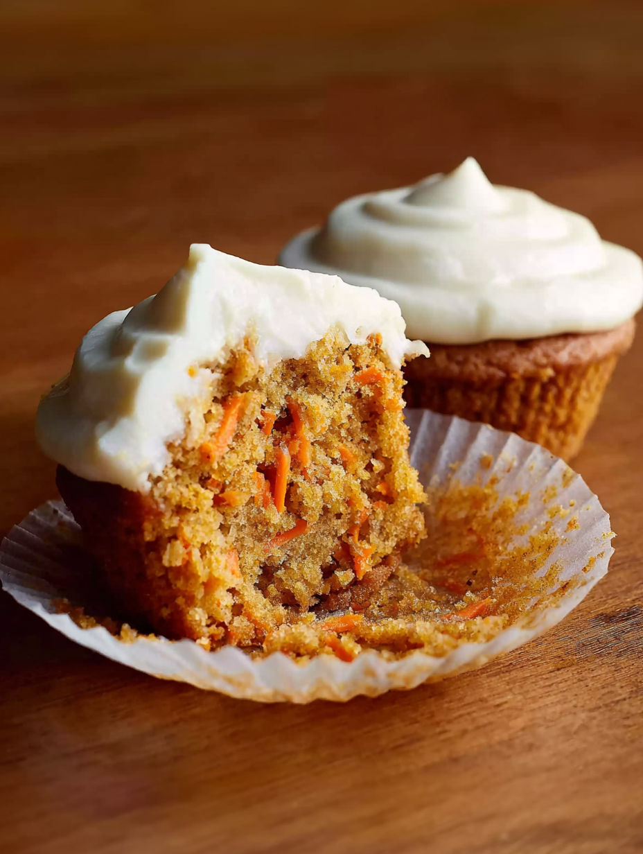 Two cupcakes with carrot cake and cream cheese frosting.