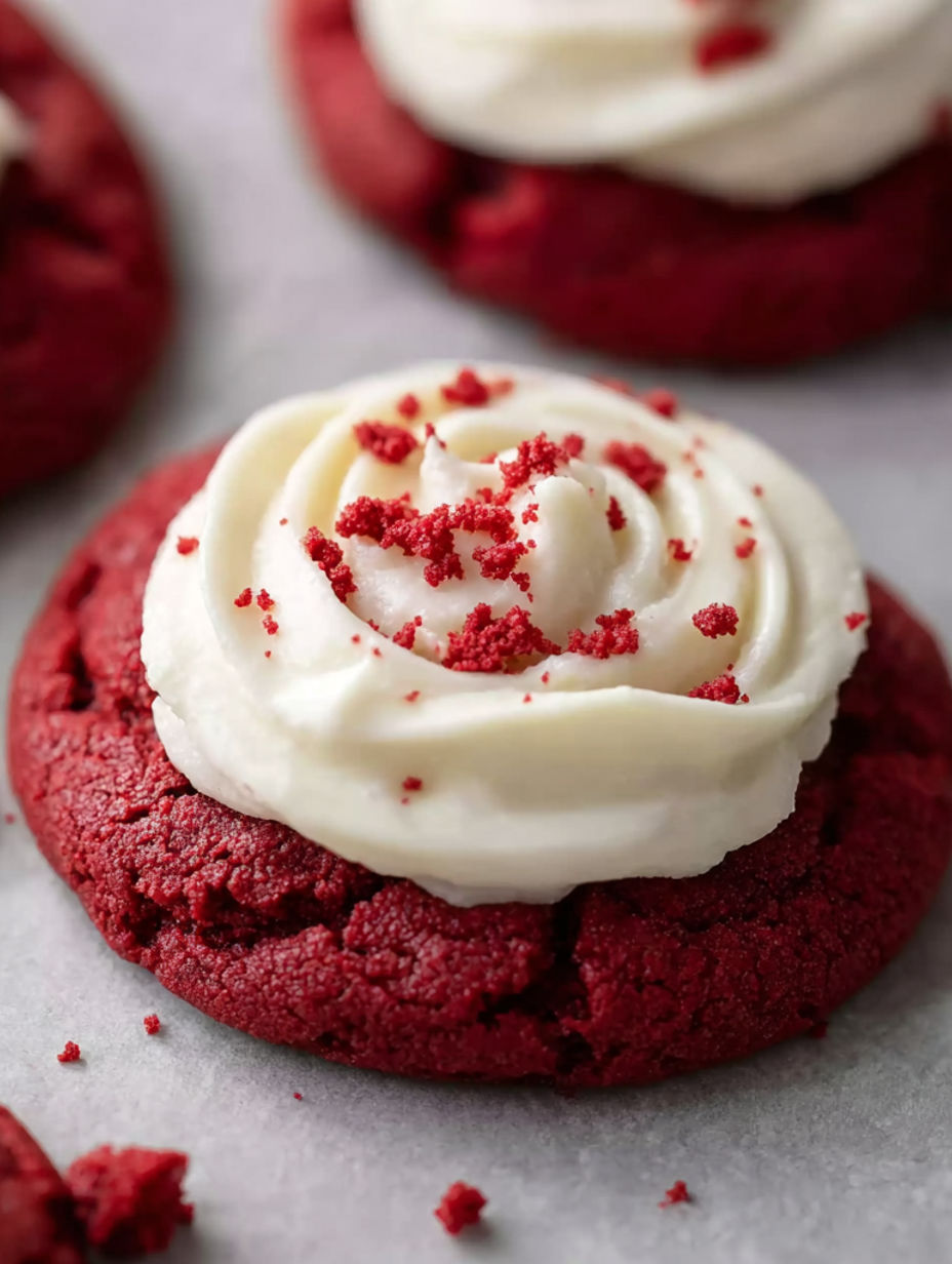 A red velvet cupcake cookie with white frosting.
