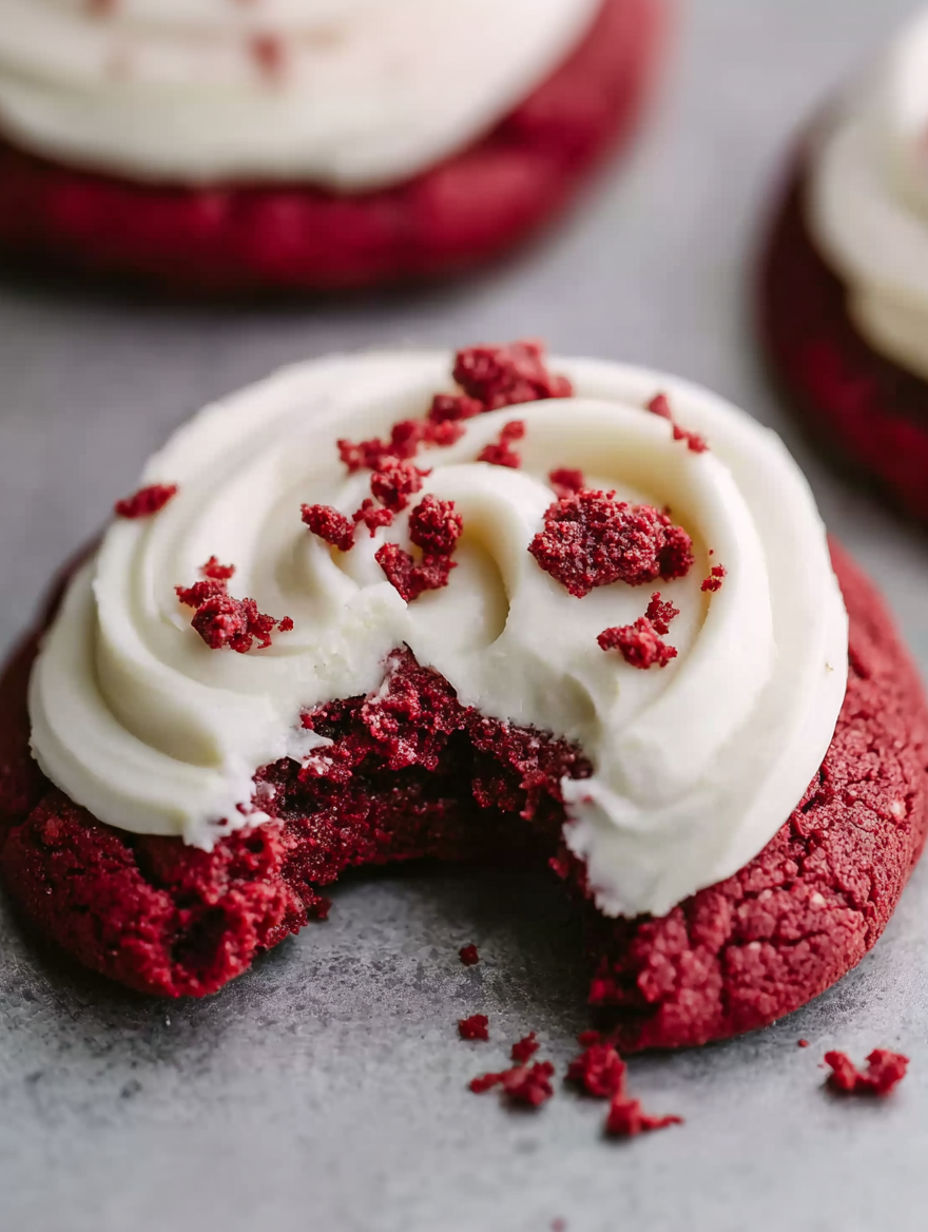 A red velvet cookie with white frosting and red crumbles.