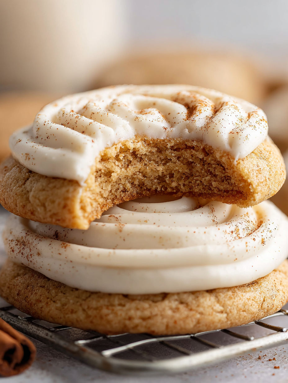 A stack of cookies with white frosting and cinnamon.