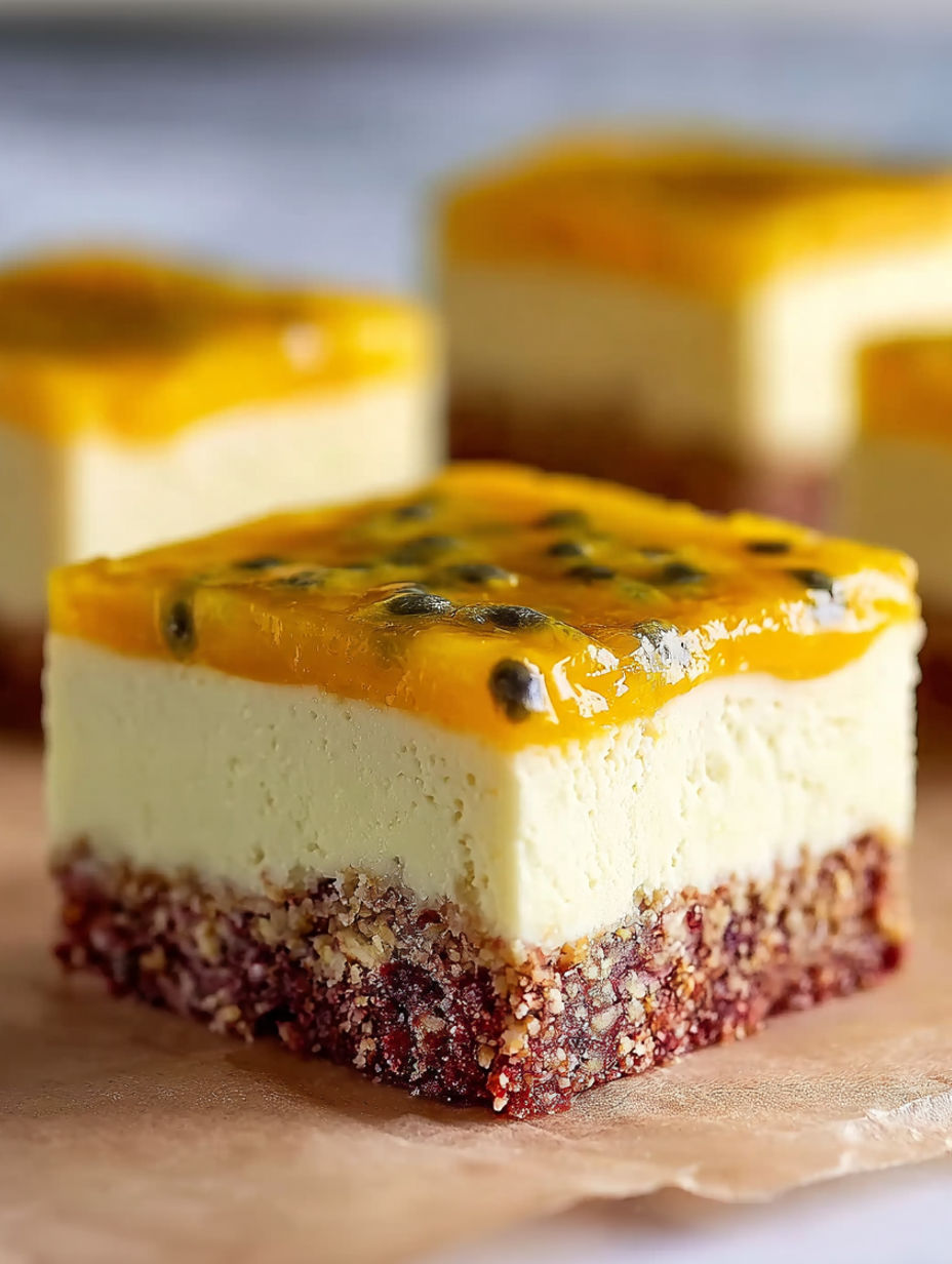 A slice of vegane mango-cheesecake bars.
