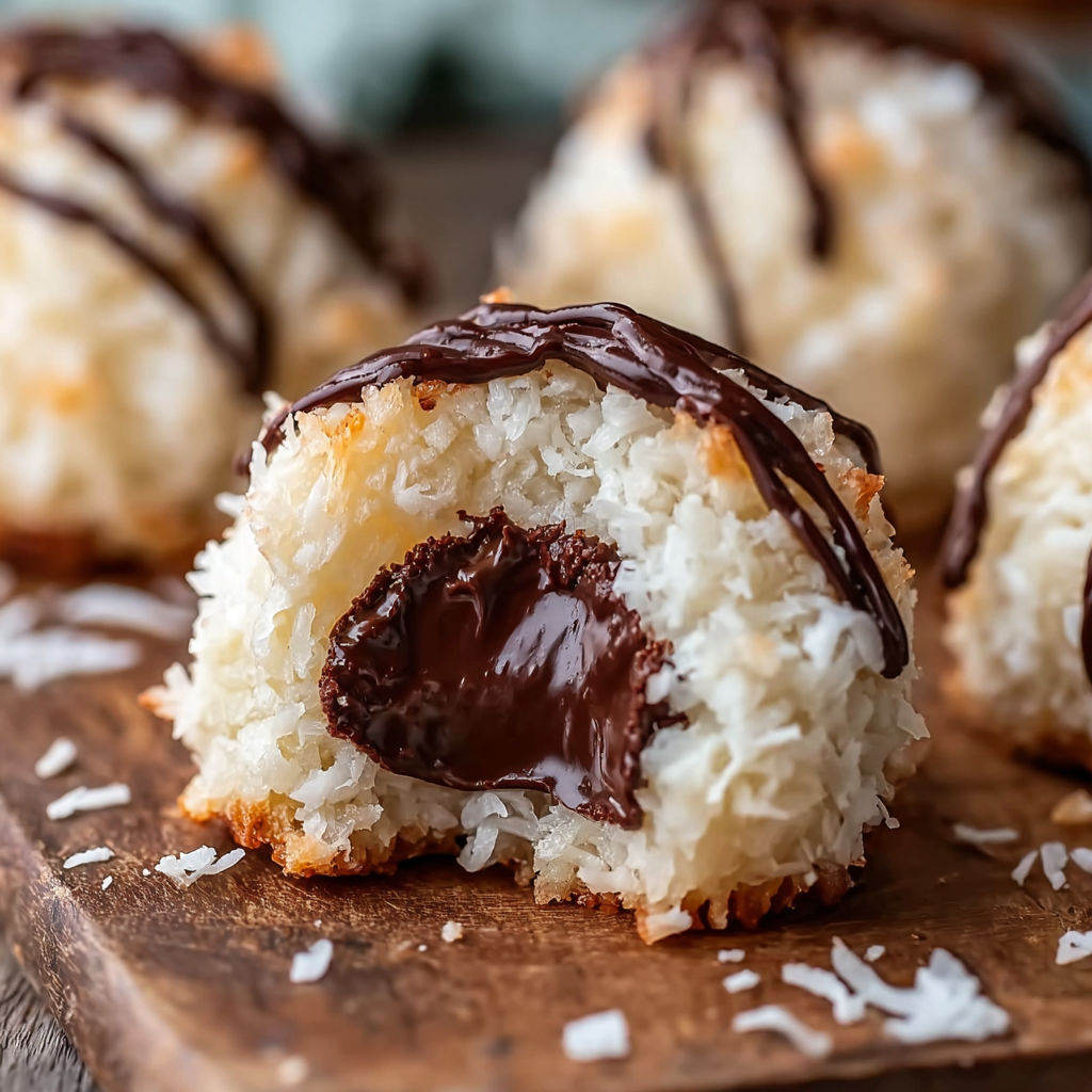 A plate of coconut balls with chocolate drizzled on top.