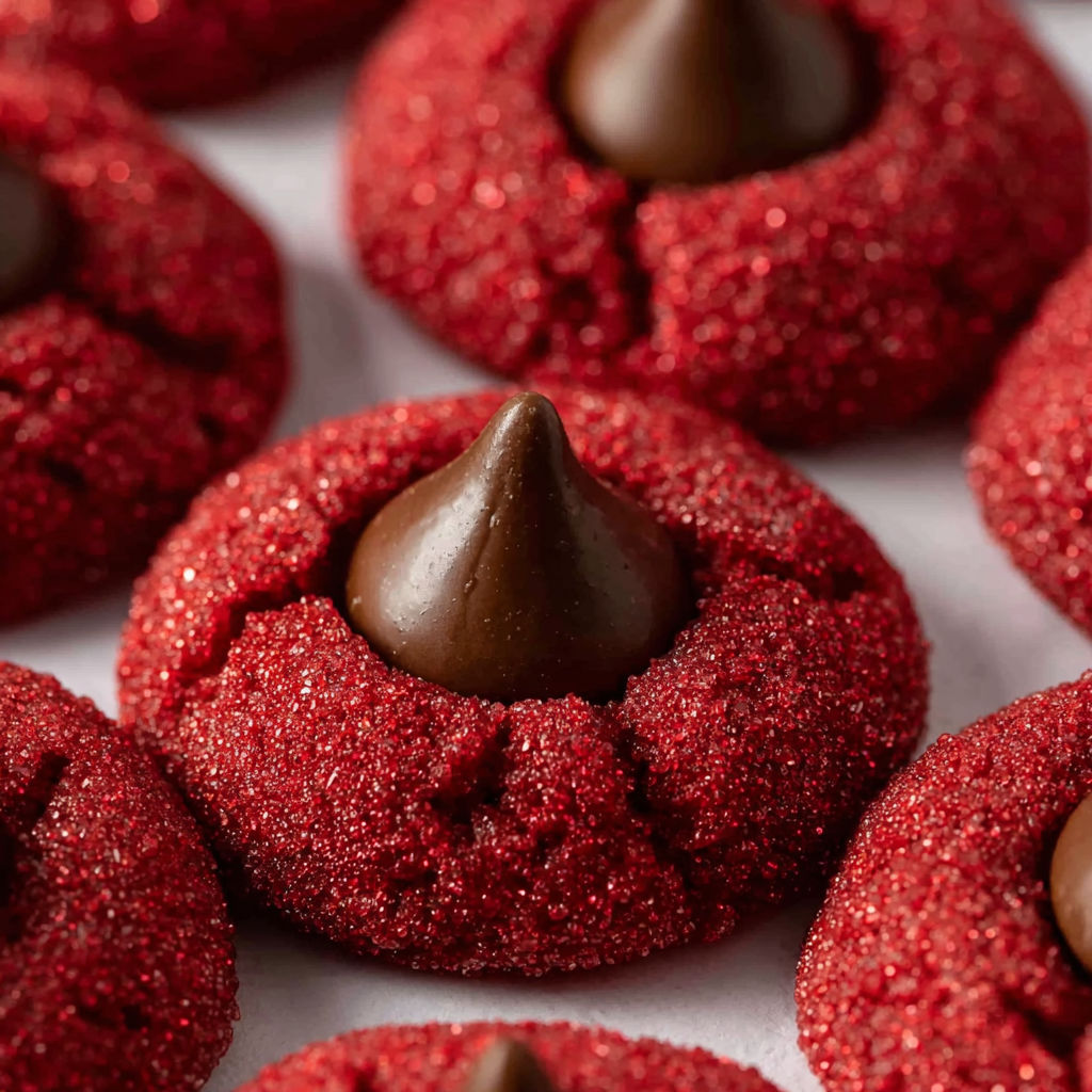 Red velvet blossom cookies with chocolate chips.