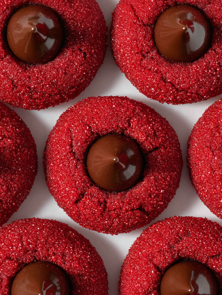 A red cookie with a chocolate chip in the middle.