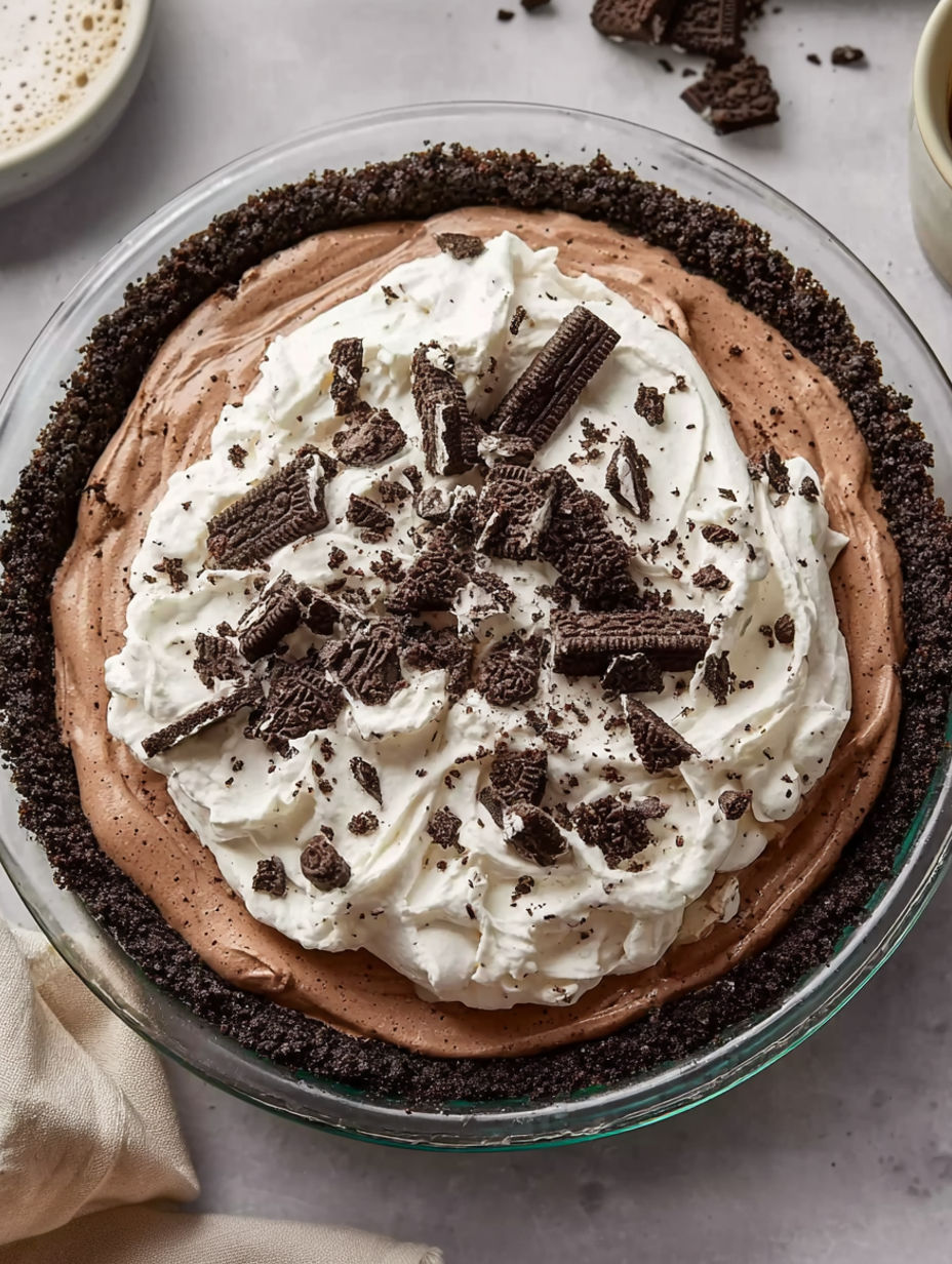 A close up of a chocolate cake with oreo cookies on top.